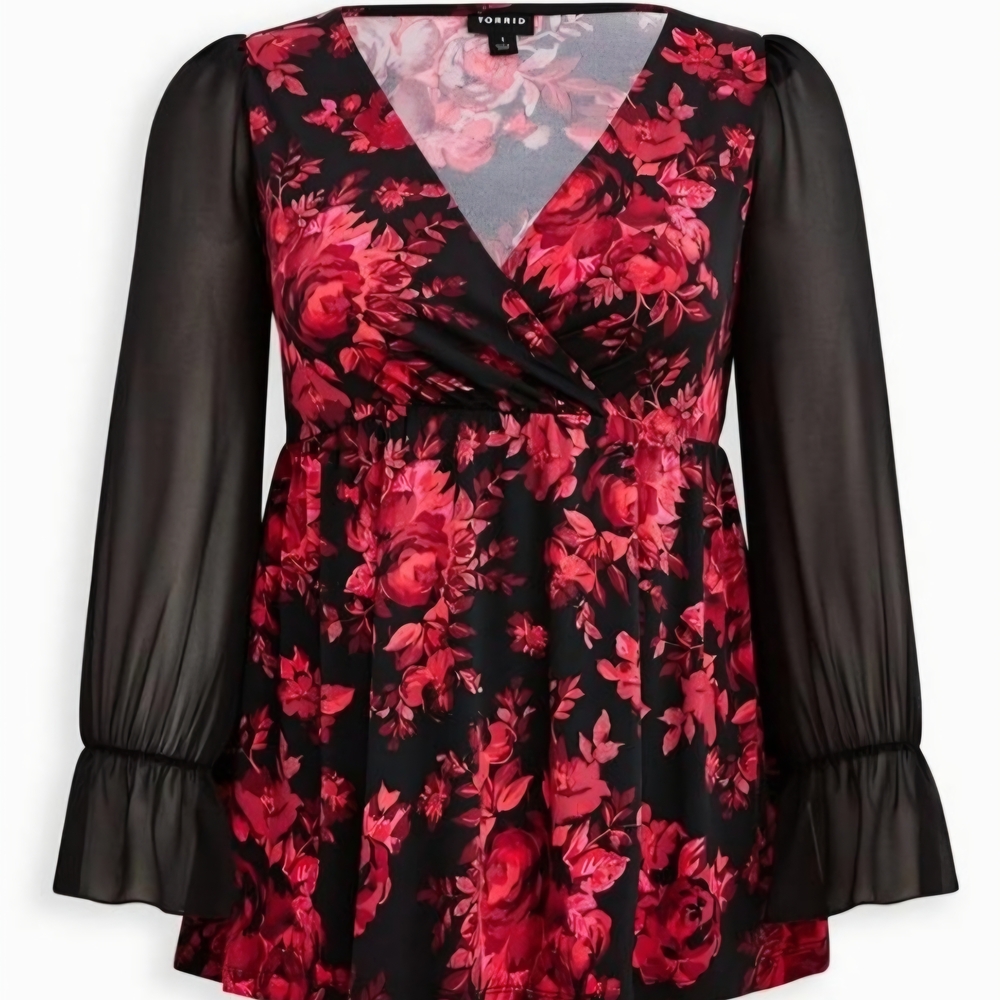 Babydoll Studio Knit Chiffon Sleeves Surplice Top